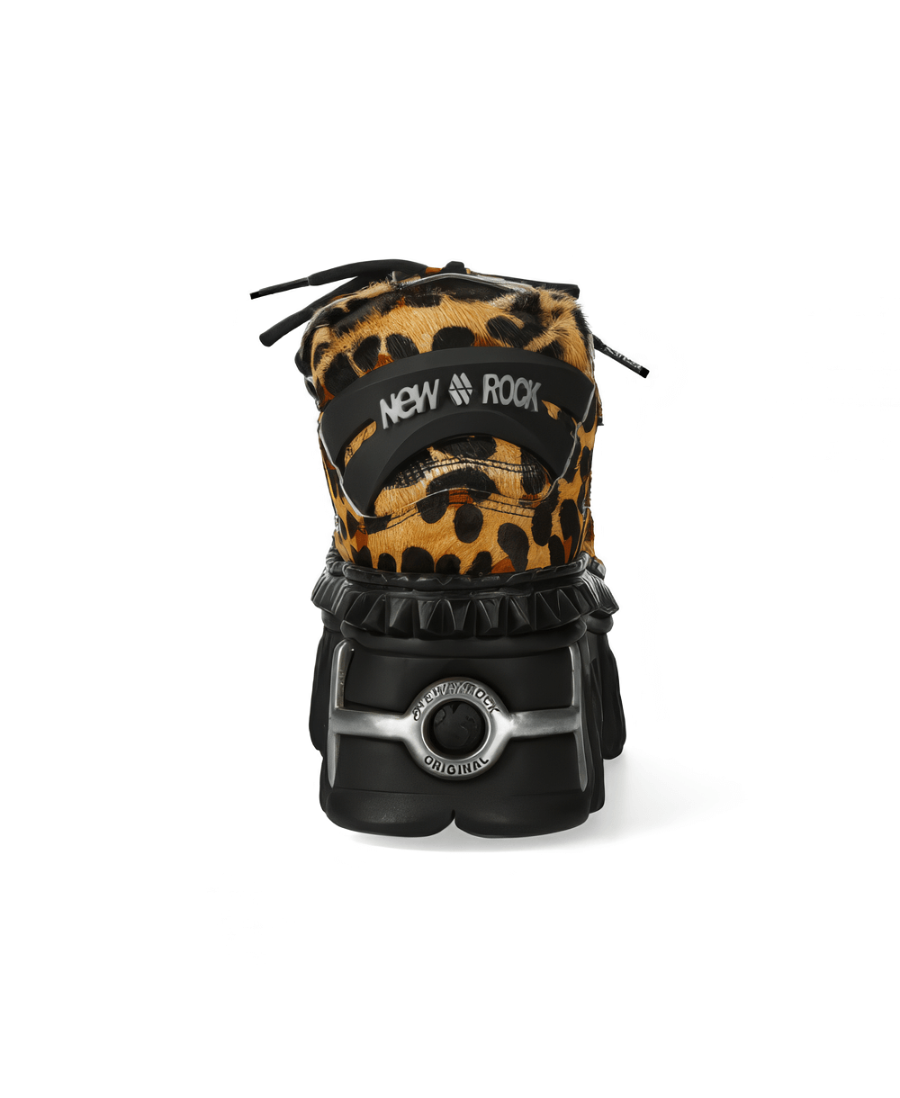 NEW ROCK men's leopard print ankle boots with metallic finish and edgy design.