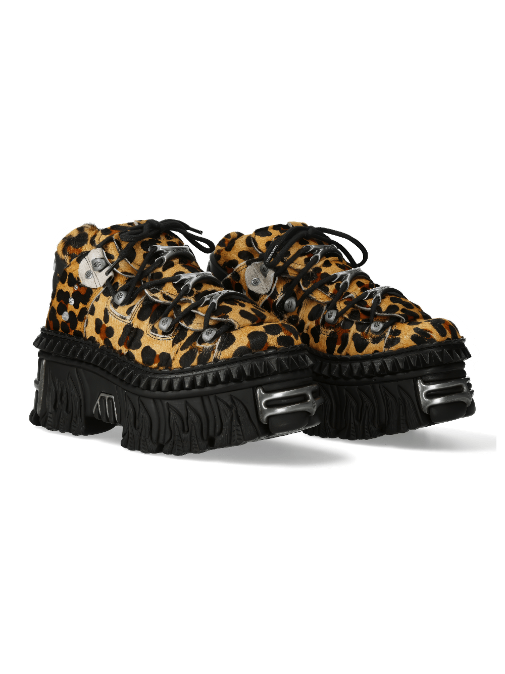 Men's gothic leopard print ankle boots with metallic finish and edgy platform design.