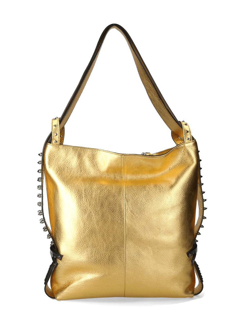 NEW ROCK luxury gold cow leather bag with buckle clasp, featuring smooth calf skin lining and studded sides.