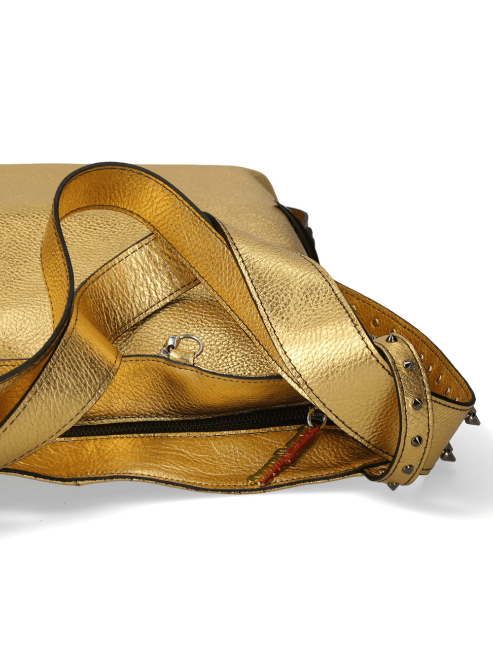 Close-up of NEW ROCK luxury gold leather bag showcasing smooth calf skin lining and stylish buckle clasp.