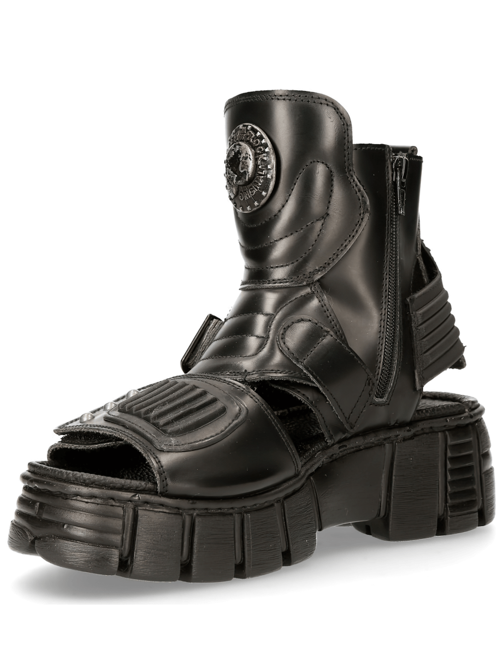 NEW ROCK Gothic platform sandals in black with buckles and zipper, featuring a chunky sole from Metallic Collection.