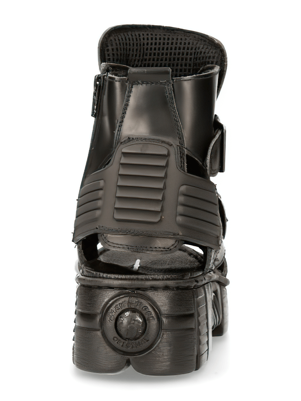 Back view of NEW ROCK Male Gothic Platform Sandals showcasing buckles, zipper, and bold black design.