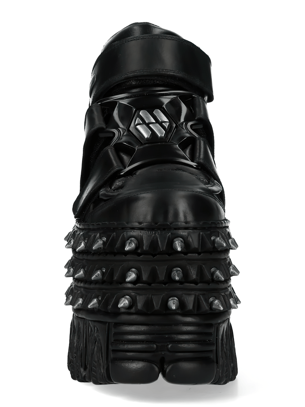 Alt Tag: NEW ROCK Male Platform Ankle Boots with Spike Sole and Straps front view black triple-strap platform boot with spiked sole