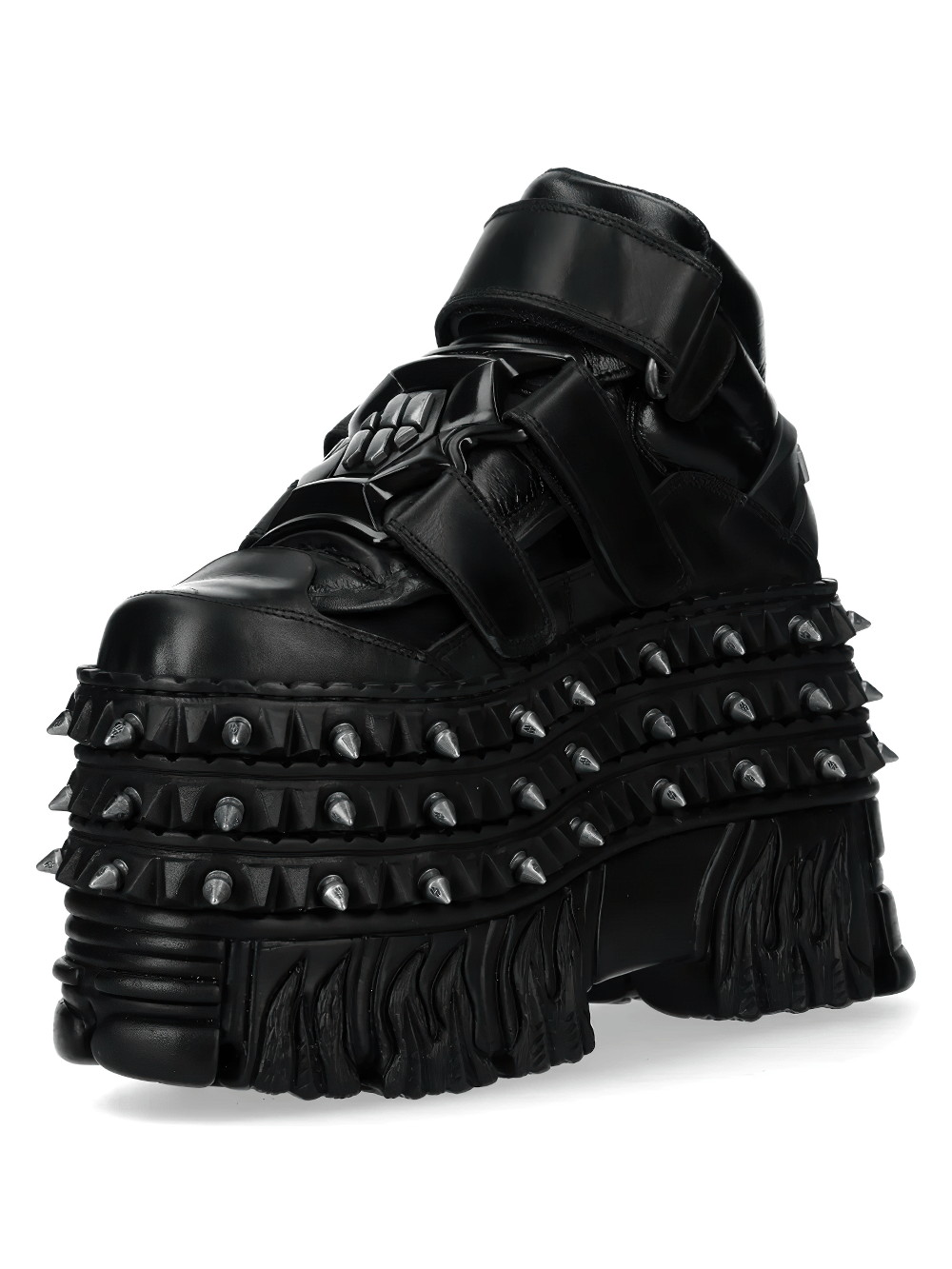 Alt Tag: NEW ROCK Male Platform Ankle Boots with Spike Sole and Straps black punk gothic boots, triple straps, oversized spiked tread sole