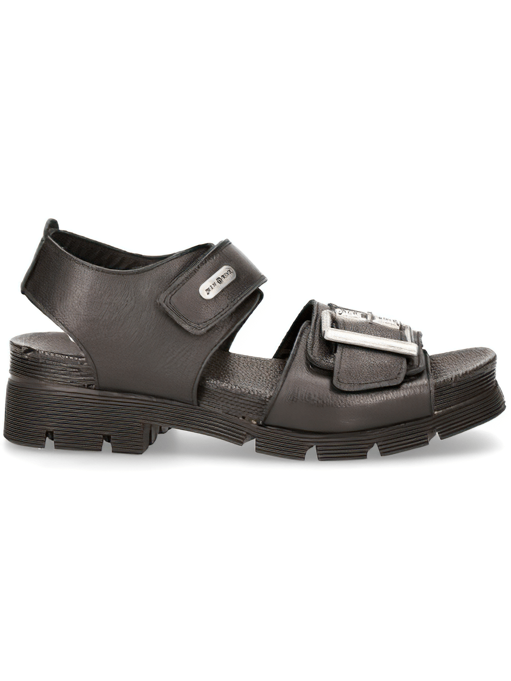 Male punk sandals featuring buckle and Velcro straps, designed for a bold, urban rock style in durable black leather.