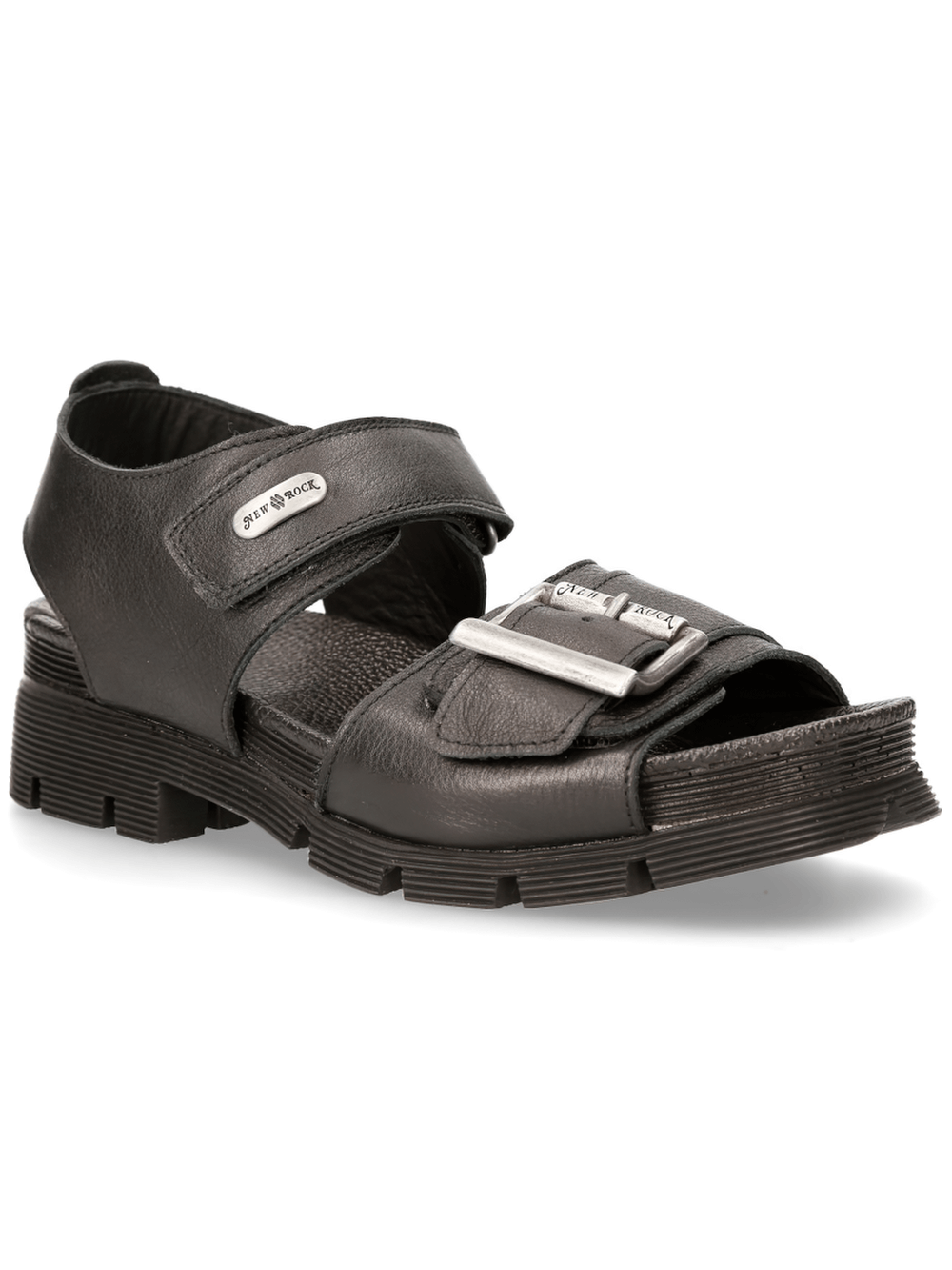 NEW ROCK male punk sandals featuring a bold black design, buckle and Velcro straps, perfect for urban rock fashion.