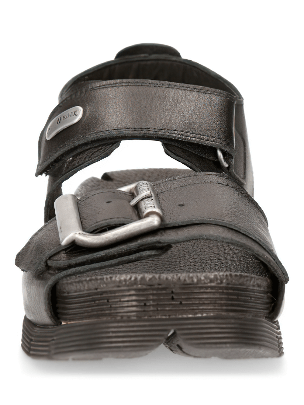 Front view of NEW ROCK male punk sandals with buckle and Velcro straps, showcasing bold design and durable sole.