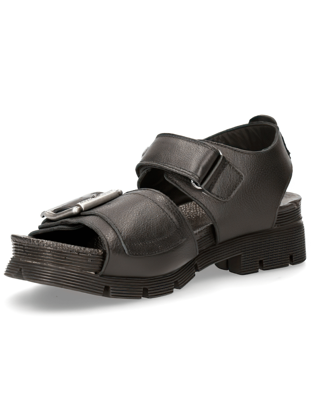 Heavy black punk sandals with buckle and Velcro straps, featuring a durable sole and bold urban rock design.