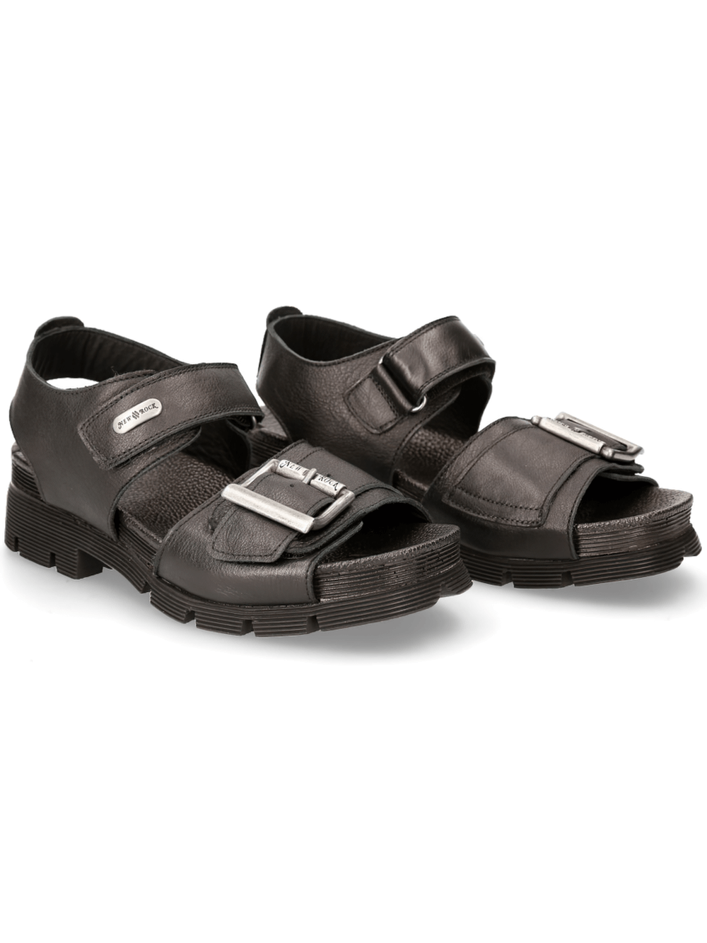 NEW ROCK Male punk sandals with buckle and Velcro straps in bold black design for an urban rock aesthetic.