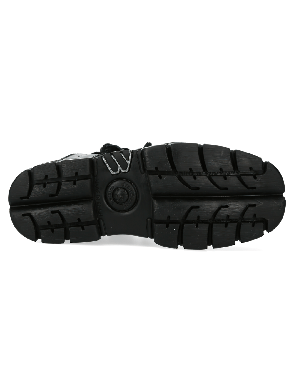 Bottom view of NEW ROCK Matte Black Platform Boots showcasing rugged sole and traction design.