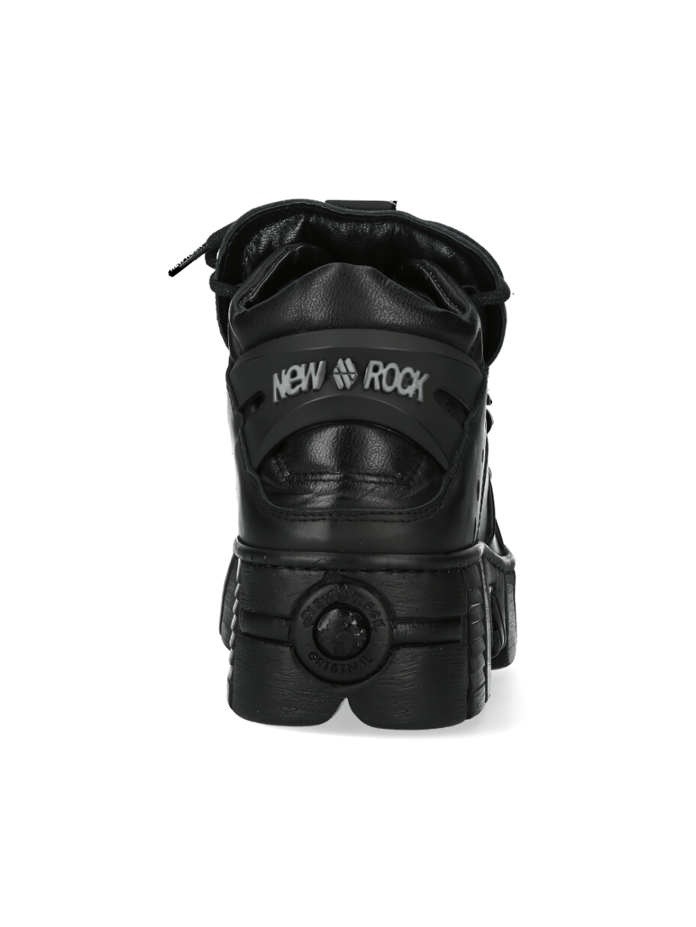 Back view of NEW ROCK matte black platform ankle boots with metallic bone laces and logo detail.