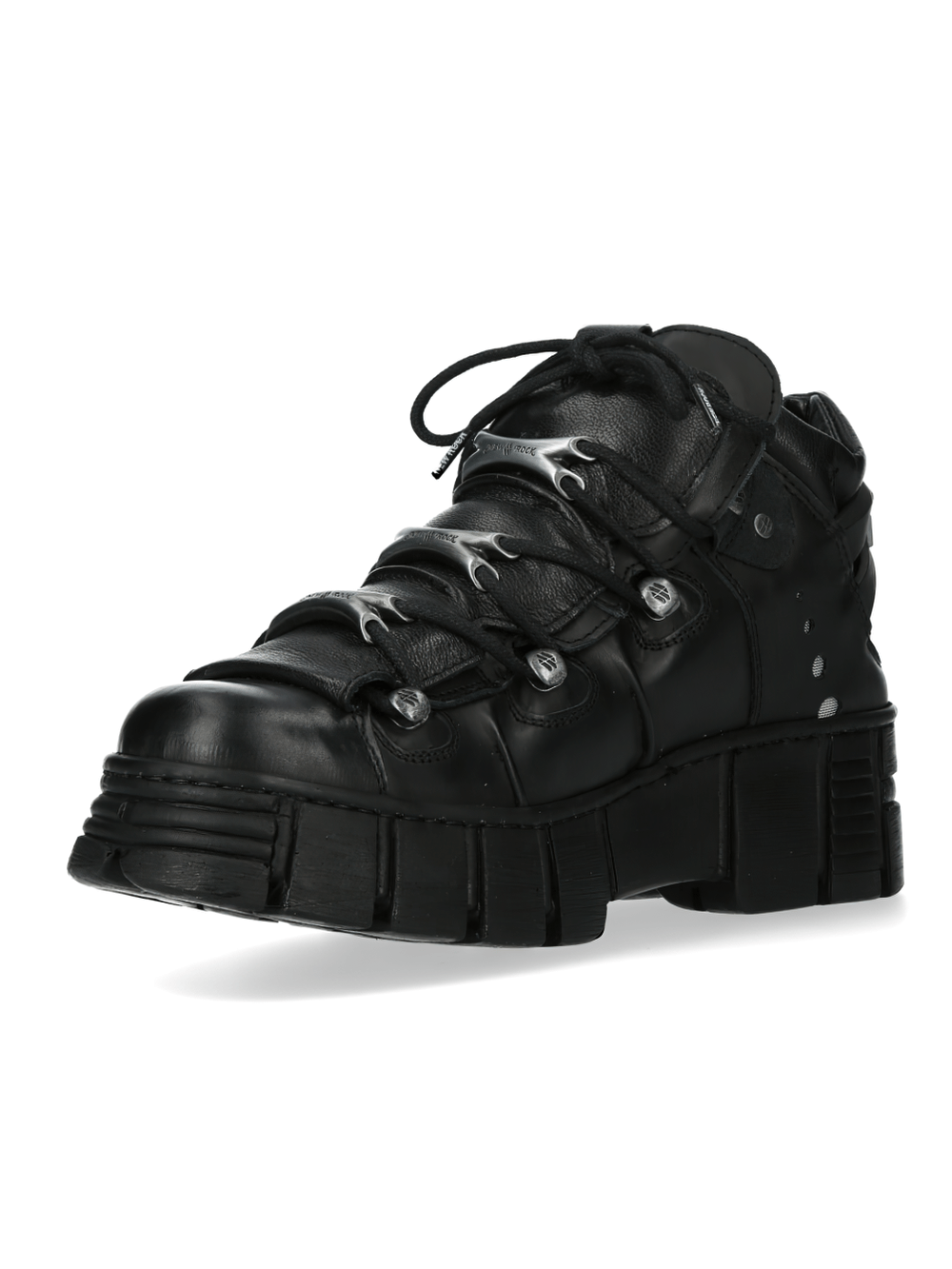 NEW ROCK matte black platform boots with metallic bone laces for heavy rock style, featuring a smooth platform and metal accents.