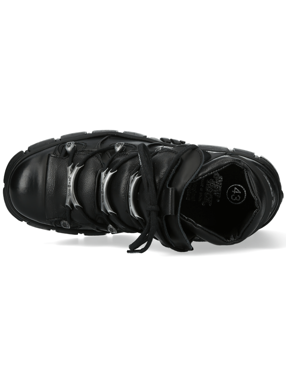 Top view of NEW ROCK Matte Black Platform Boots with metallic bone laces, showcasing sleek design and urban style.