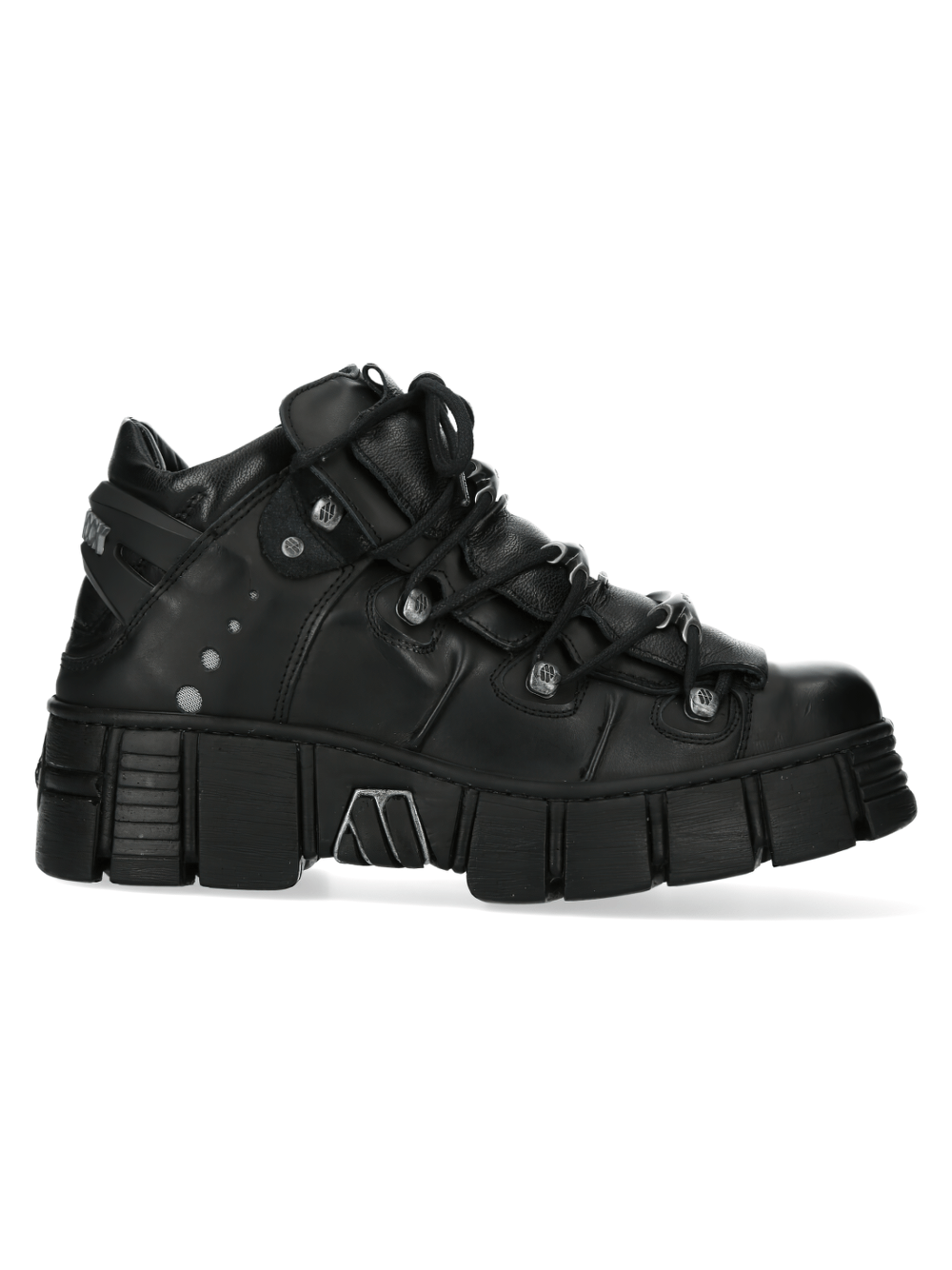 NEW ROCK matte black ankle boots with metallic accents, featuring unique design and bold platform, perfect for urban style.