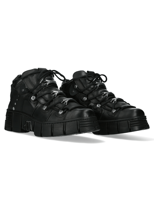 Bottes à plateforme noires mates pour femmes NEW ROCK avec lacets os métalliques