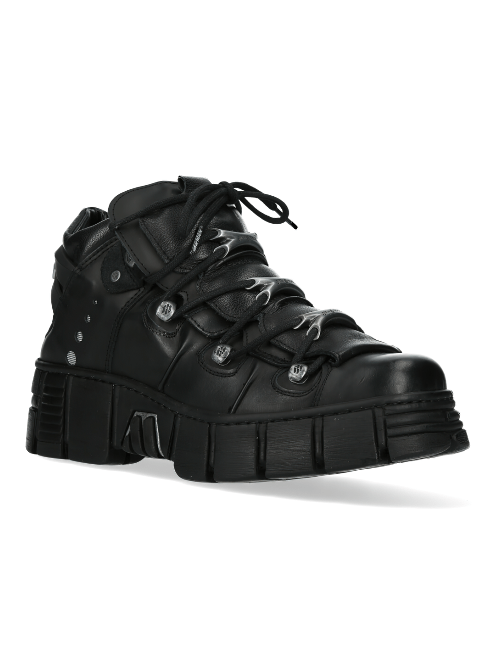 NEW ROCK matte black platform ankle boots with metallic bone laces, perfect for urban rock fashion enthusiasts.