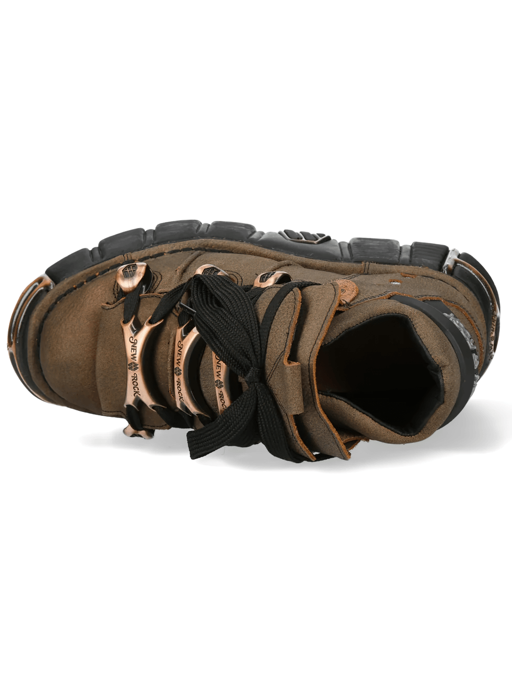 NEW ROCK Men's Ankle Boots With Copper Hardware Details from above, showcasing brown suede and black chunky sole.