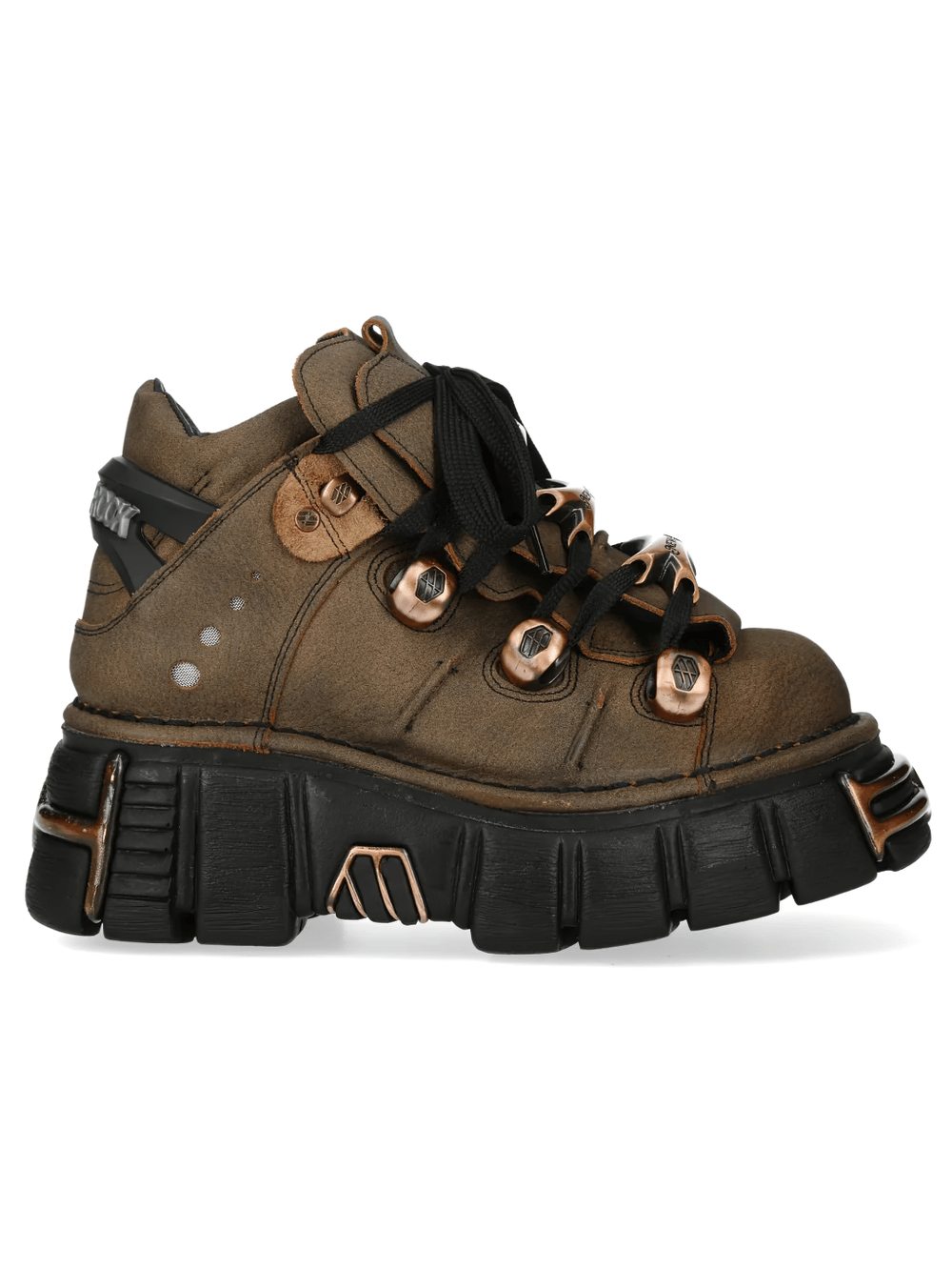 NEW ROCK Men's Ankle Boots With Copper Hardware Details featuring brown leather, chunky black sole, and copper-tone accents.
