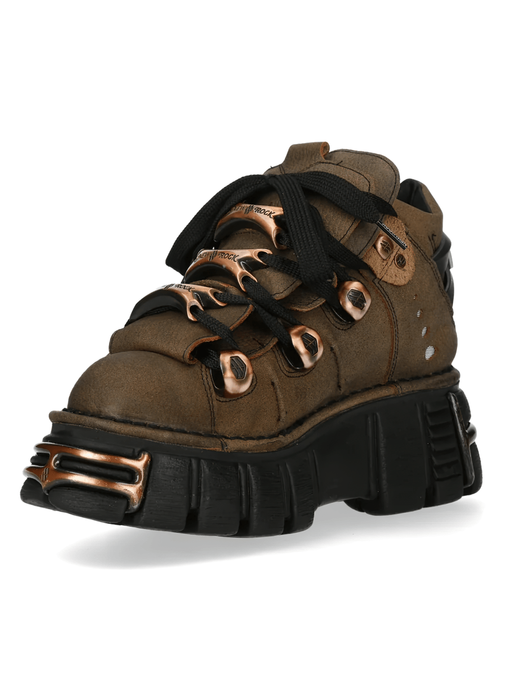 NEW ROCK Men's Ankle Boots With Copper Hardware Details featuring chunky sole and bronze trim.