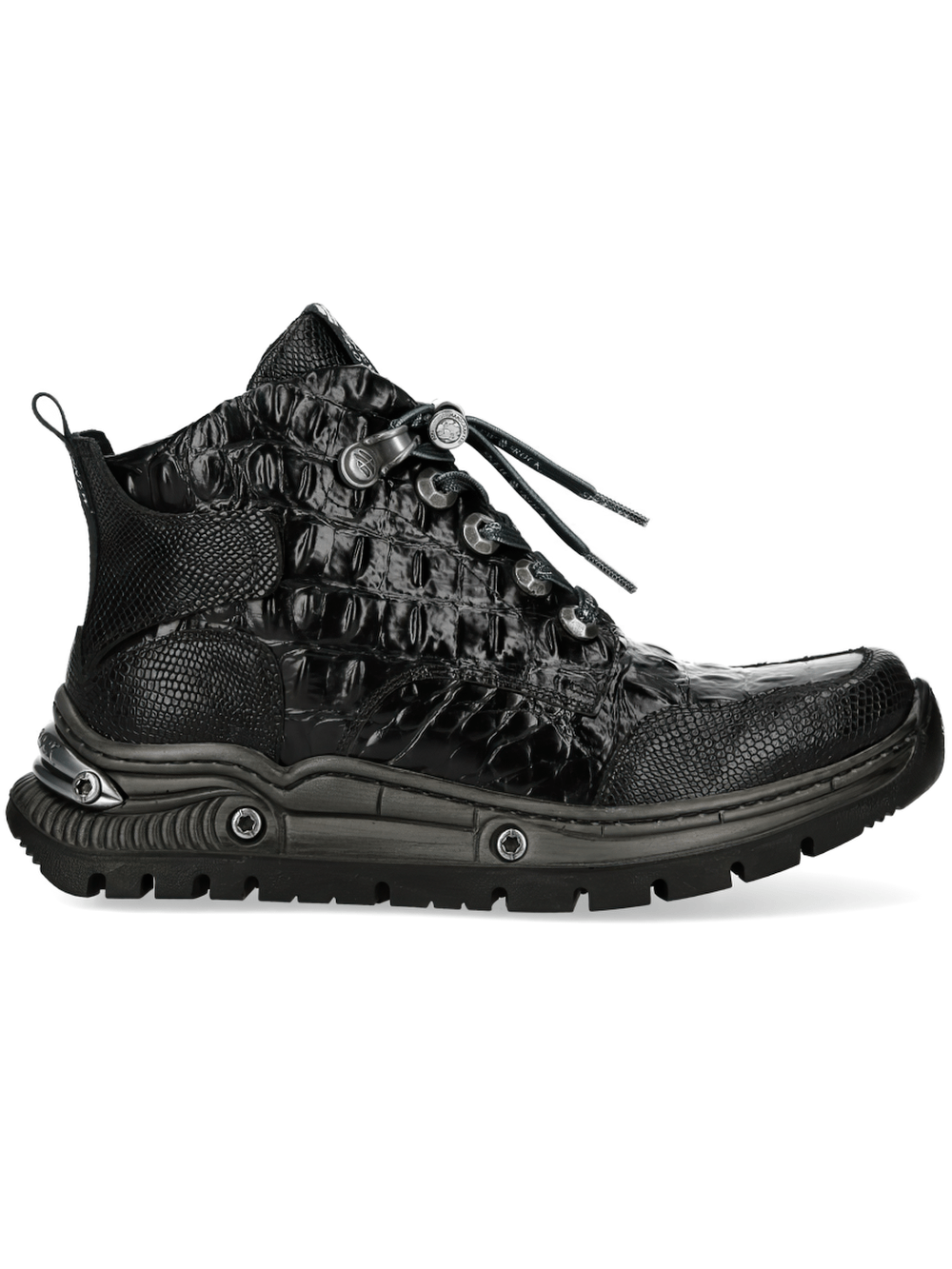 NEW ROCK Men's Ankle Boots with Reptile Texture Soles in sleek black with metallic hardware and textured design.