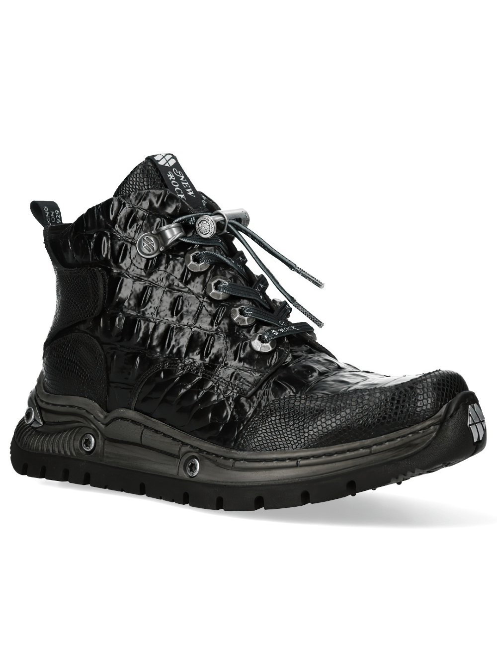 NEW ROCK Men's Ankle Boots with Reptile Texture Soles featuring sleek reptile embossing and metallic hardware.