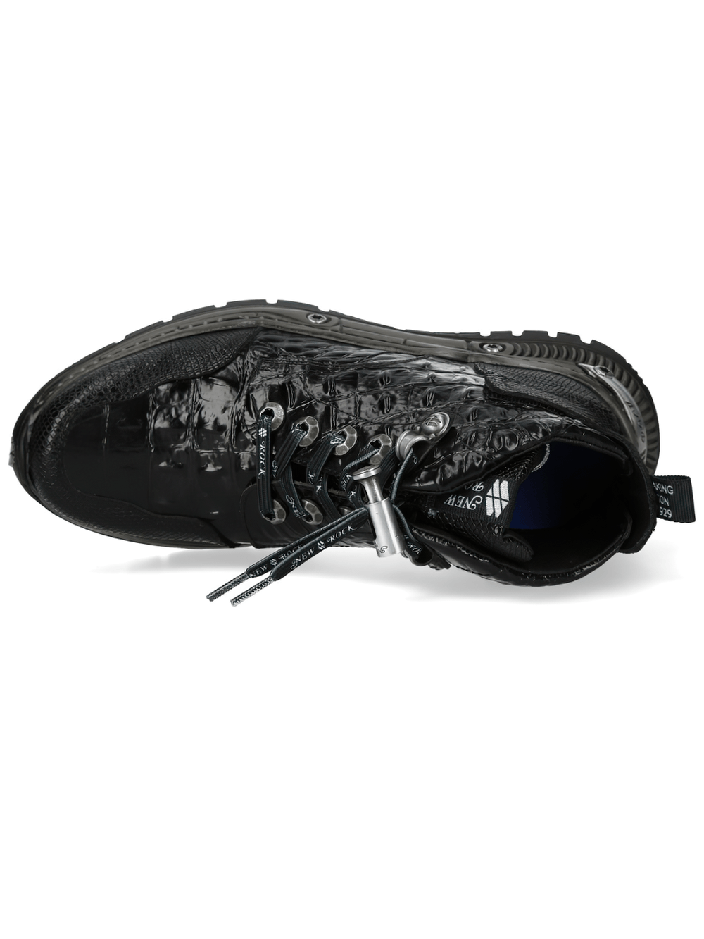 NEW ROCK Men's Ankle Boots with Reptile Texture Soles from above view showcasing sleek design and hardware.