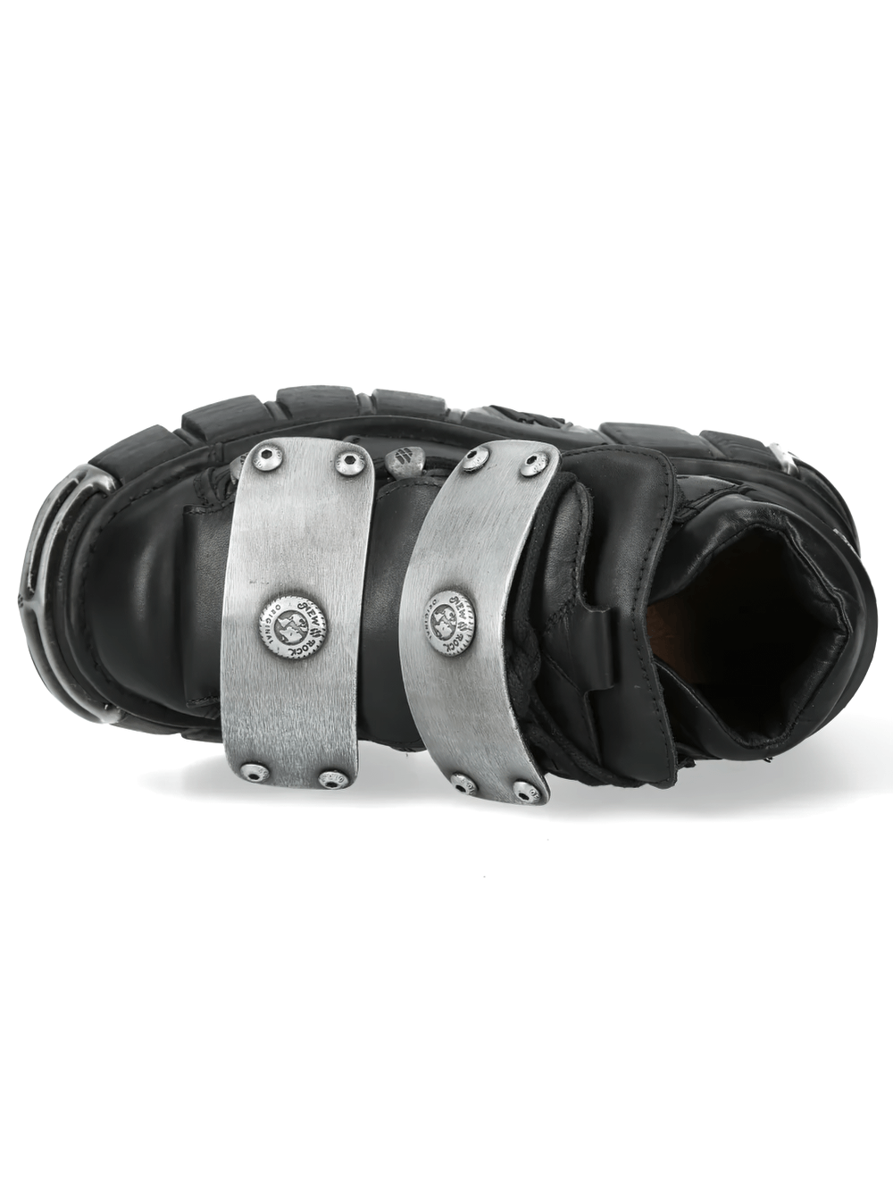 NEW ROCK Men's Ankle Boots With Silver Metal Strap Plates showcasing bold silver accents and chunky design.