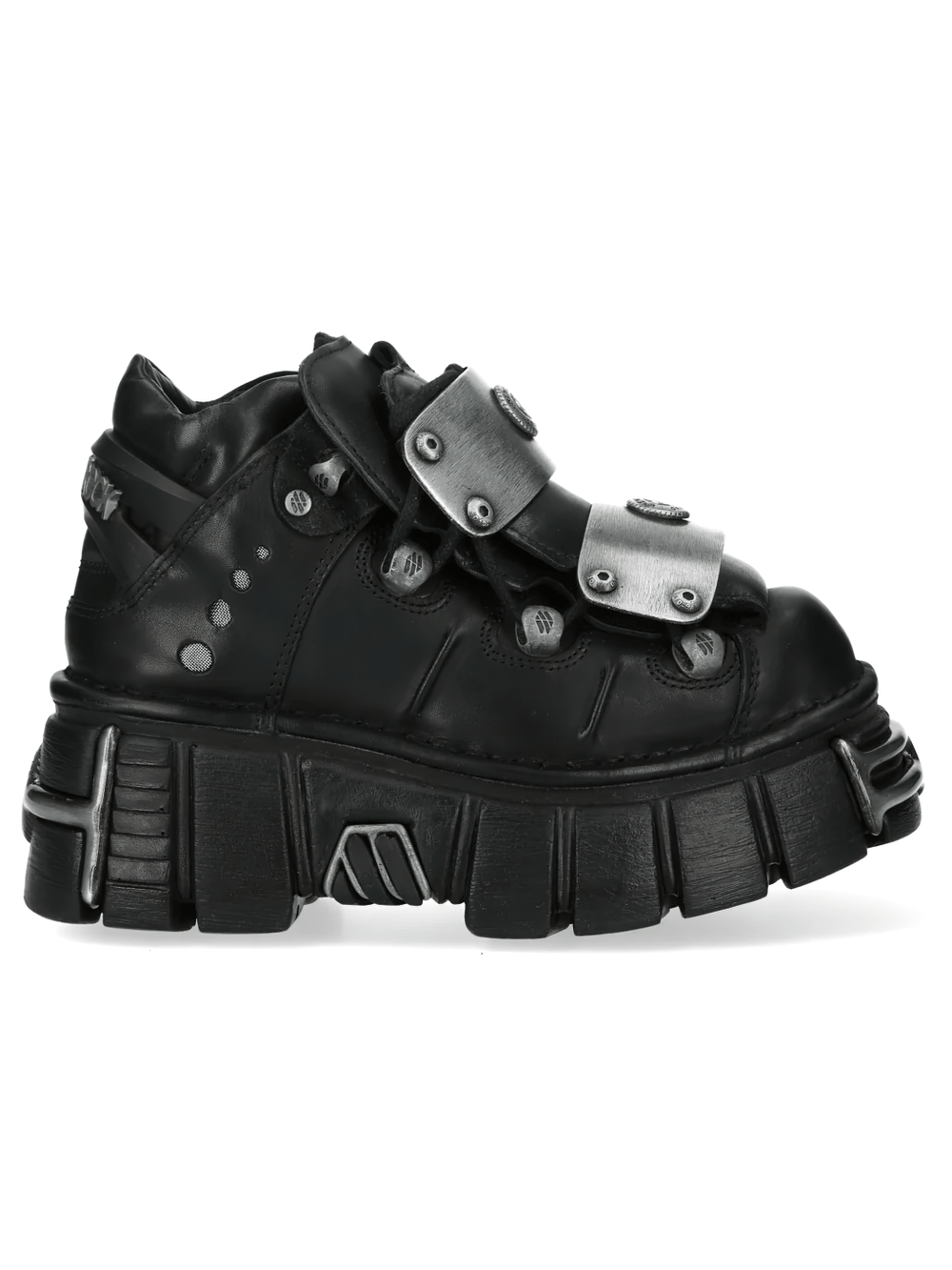 NEW ROCK Men's Ankle Boots With Silver Metal Strap Plates side view showcasing punk style and chunky sole.