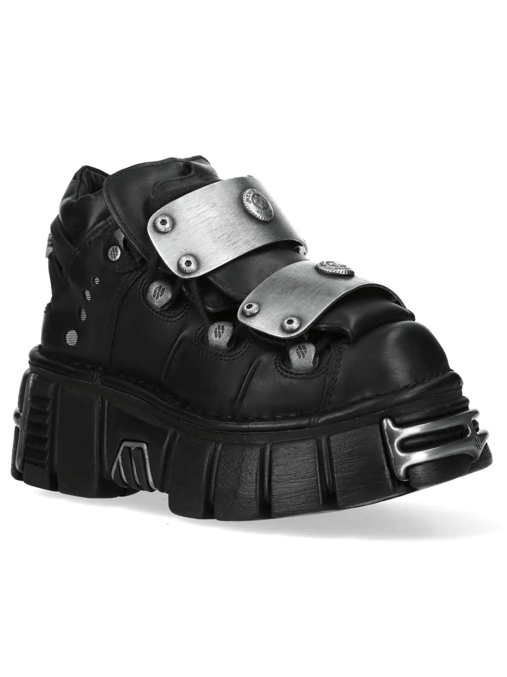 NEW ROCK Men's Ankle Boots With Silver Metal Strap Plates showcasing chunky sculpted sole and rivet accents.