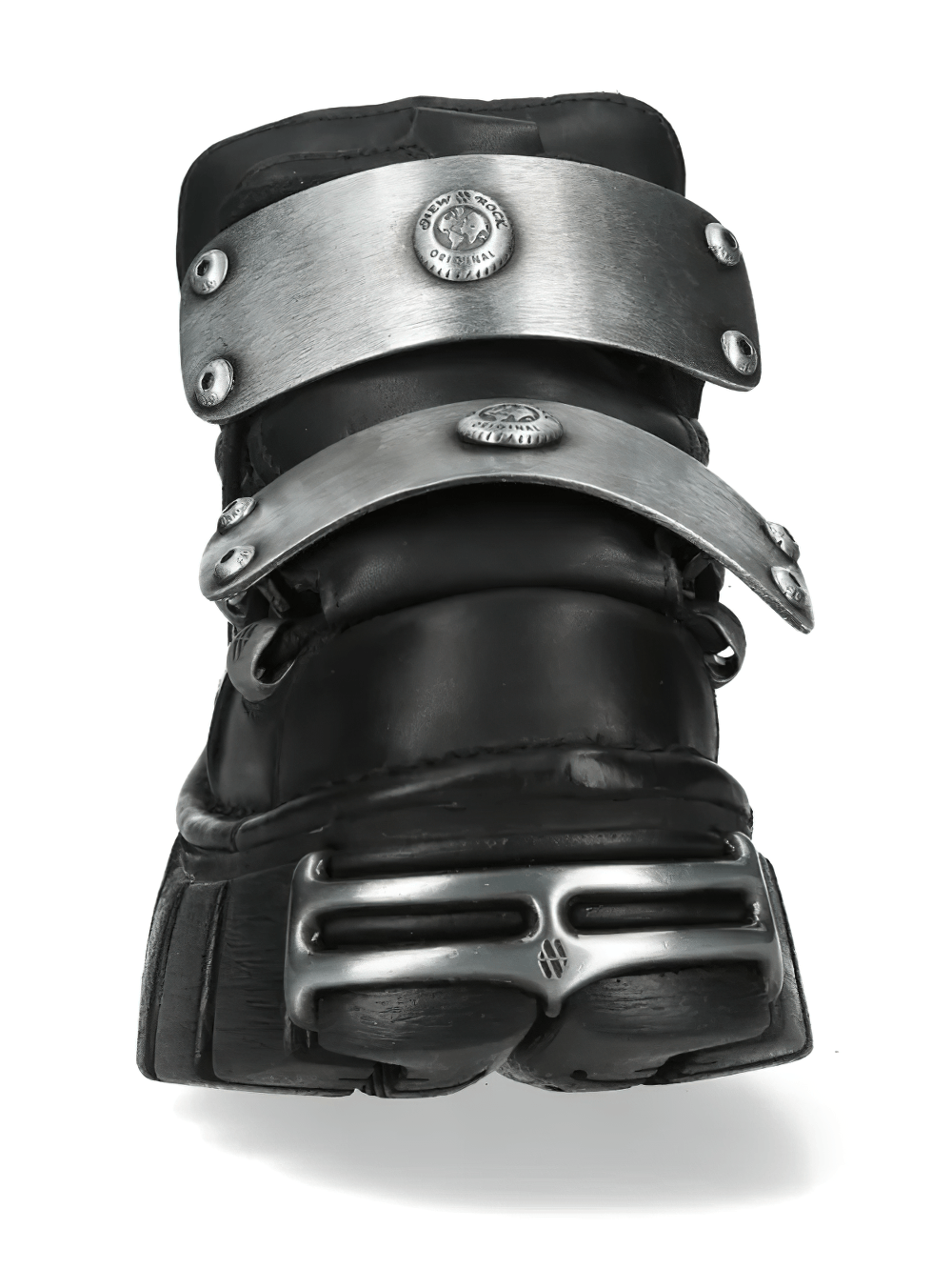 NEW ROCK Men's Ankle Boots With Silver Metal Strap Plates front view showcasing chunky sole and metal accents.