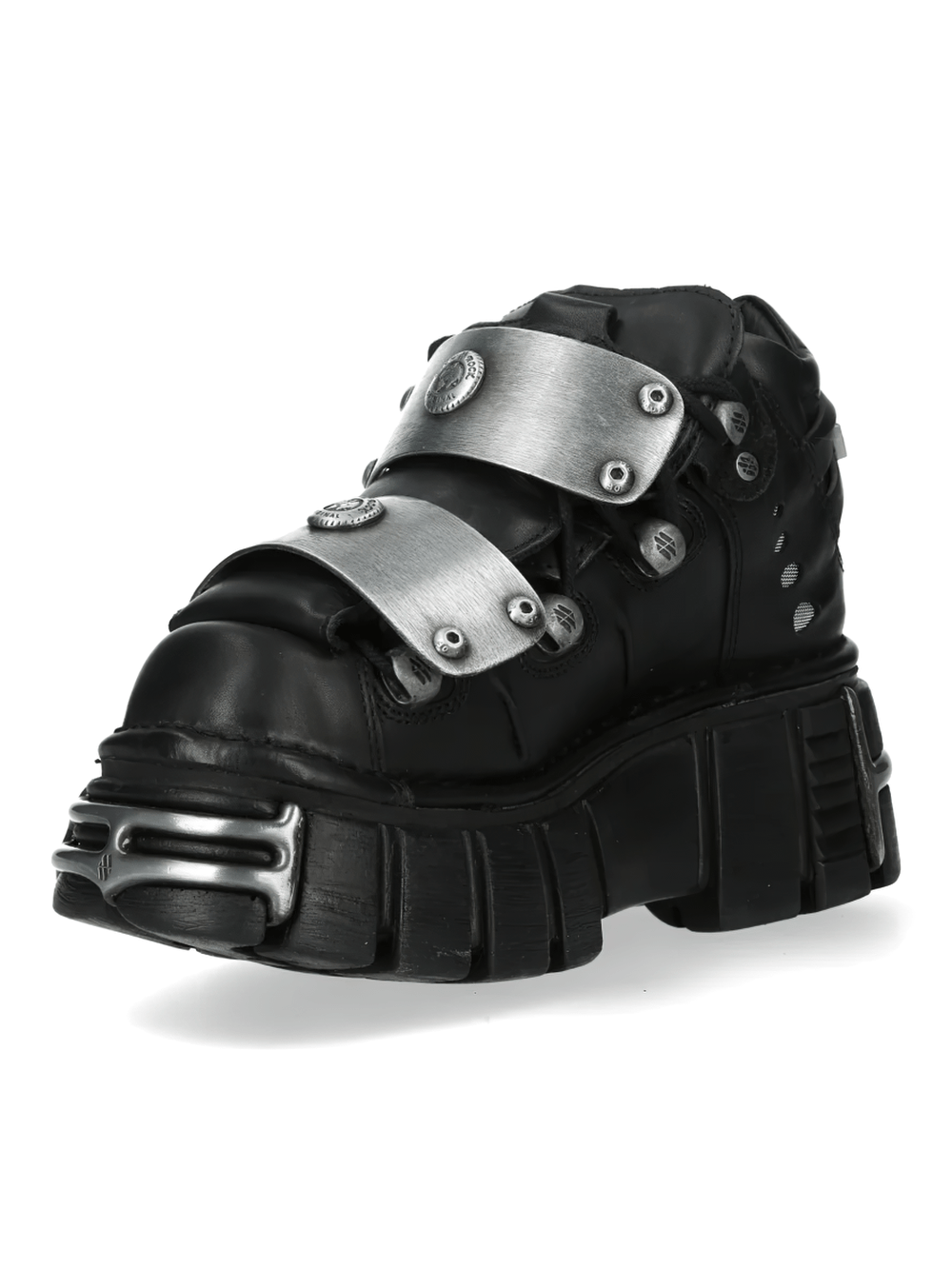 NEW ROCK Men's Ankle Boots With Silver Metal Strap Plates showcasing silver strap plates and chunky sole.