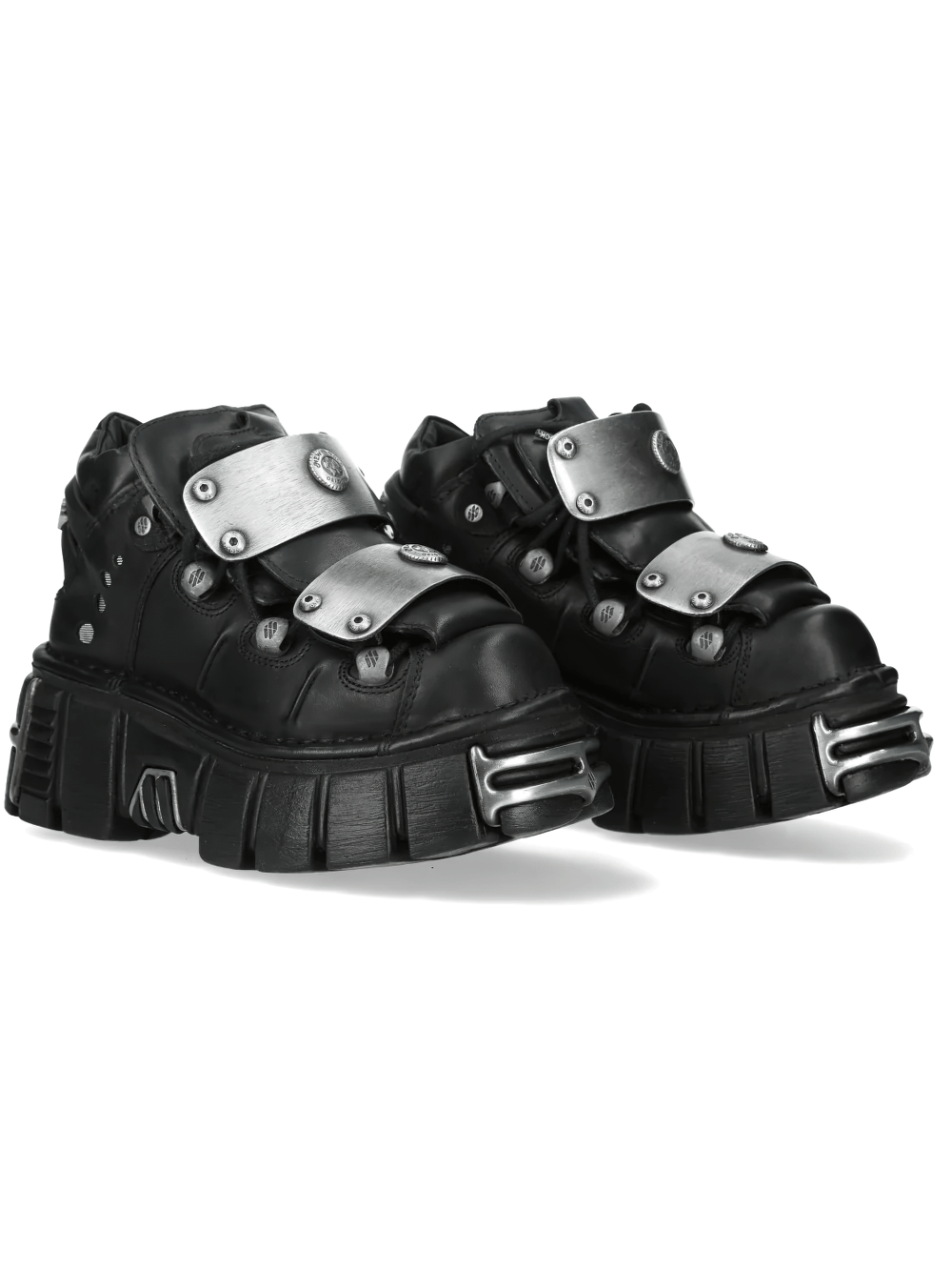 NEW ROCK Men's Ankle Boots With Silver Metal Strap Plates, black platform boots with chunky sole and rivet accents.