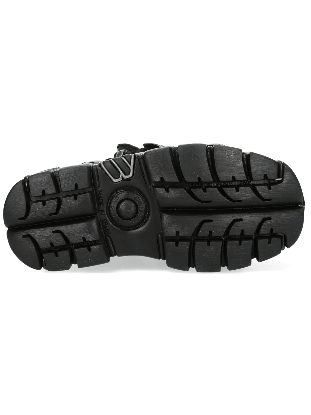 NEW ROCK Men's Ankle Boots With Silver Metal Strap Plates black chunky sole and tread design.