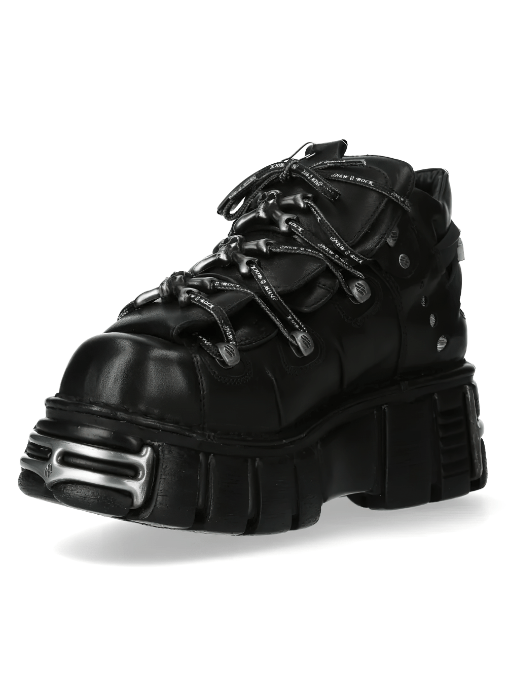 Alt Tag: NEW ROCK Men's Ankle Boots with Studded Sole Silhouette black low-ankle platform boot with blade lace hardware and silver accents