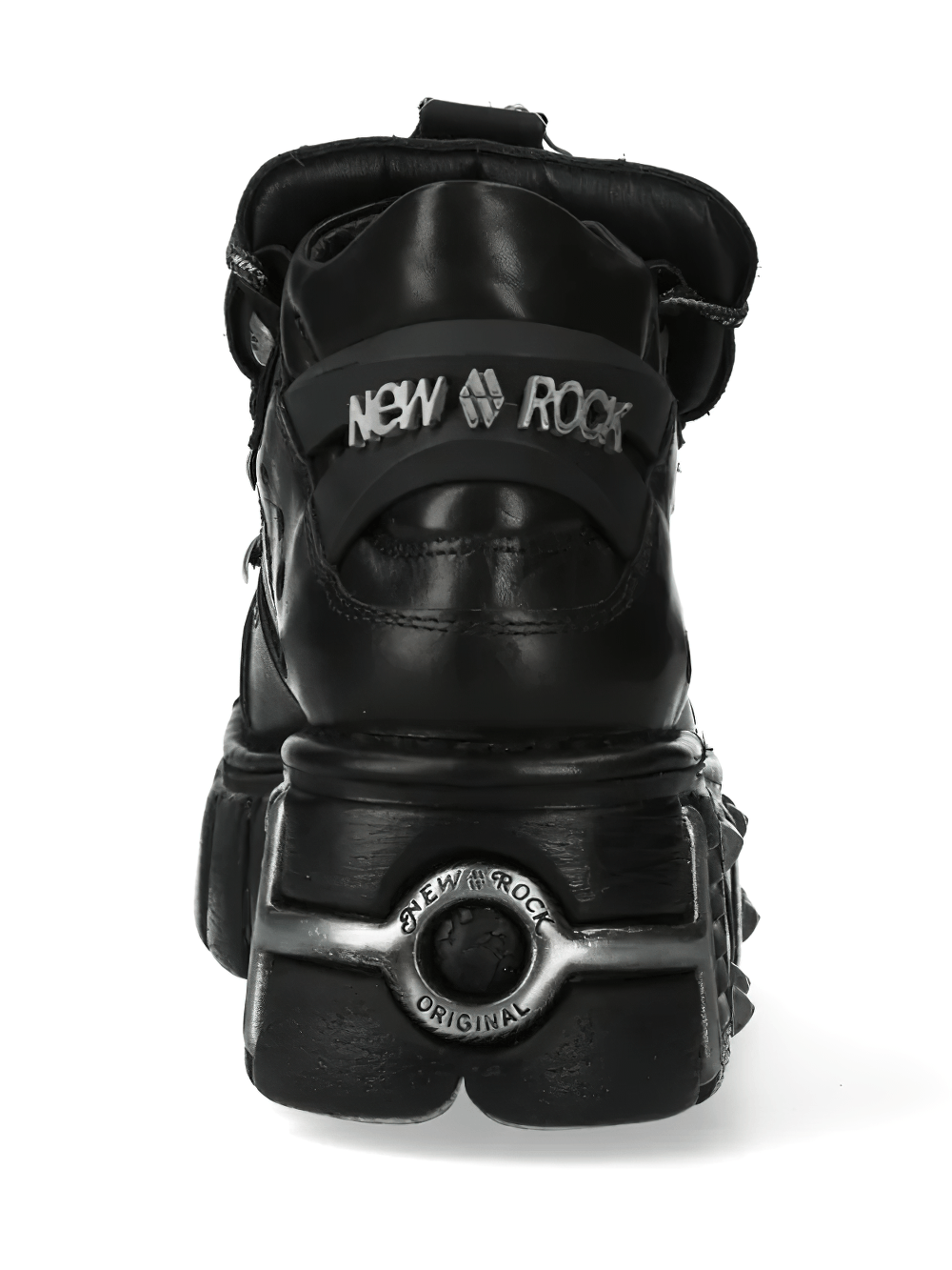Alt Tag: NEW ROCK Men's Ankle Boots with Studded Sole Silhouette black gothic platform boot back view with NEW ROCK logo and chunky sole