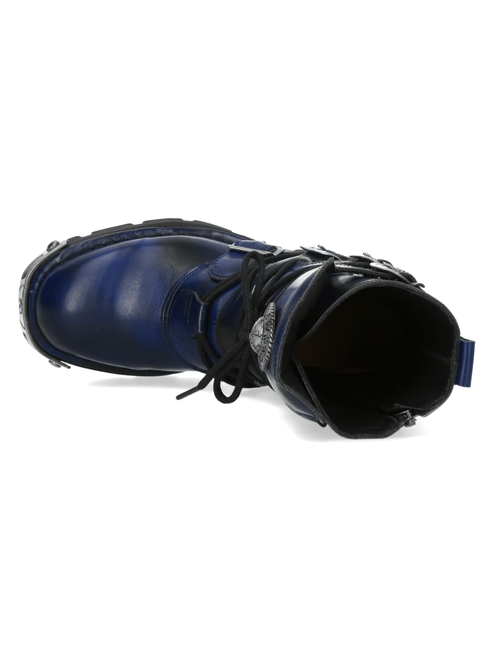 NEW ROCK Men's Biker Boots with Buckles and Chunky Lug Sole, top view featuring lace up and side zipper in deep navy.