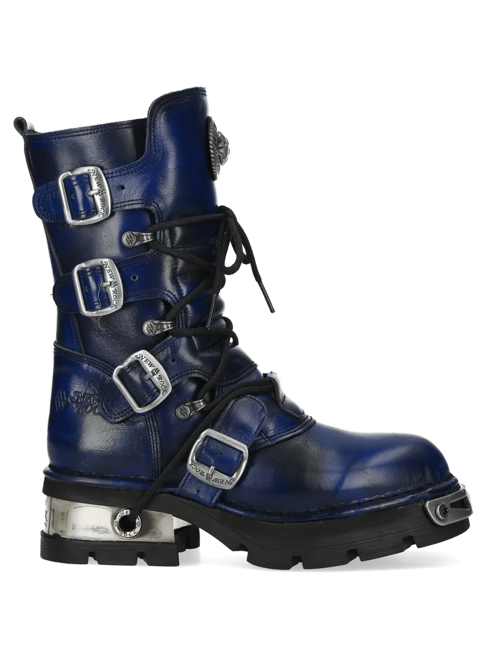 NEW ROCK Men's Biker Boots with Buckles and Chunky Lug Sole in deep navy with chunky lug sole and metallic details.