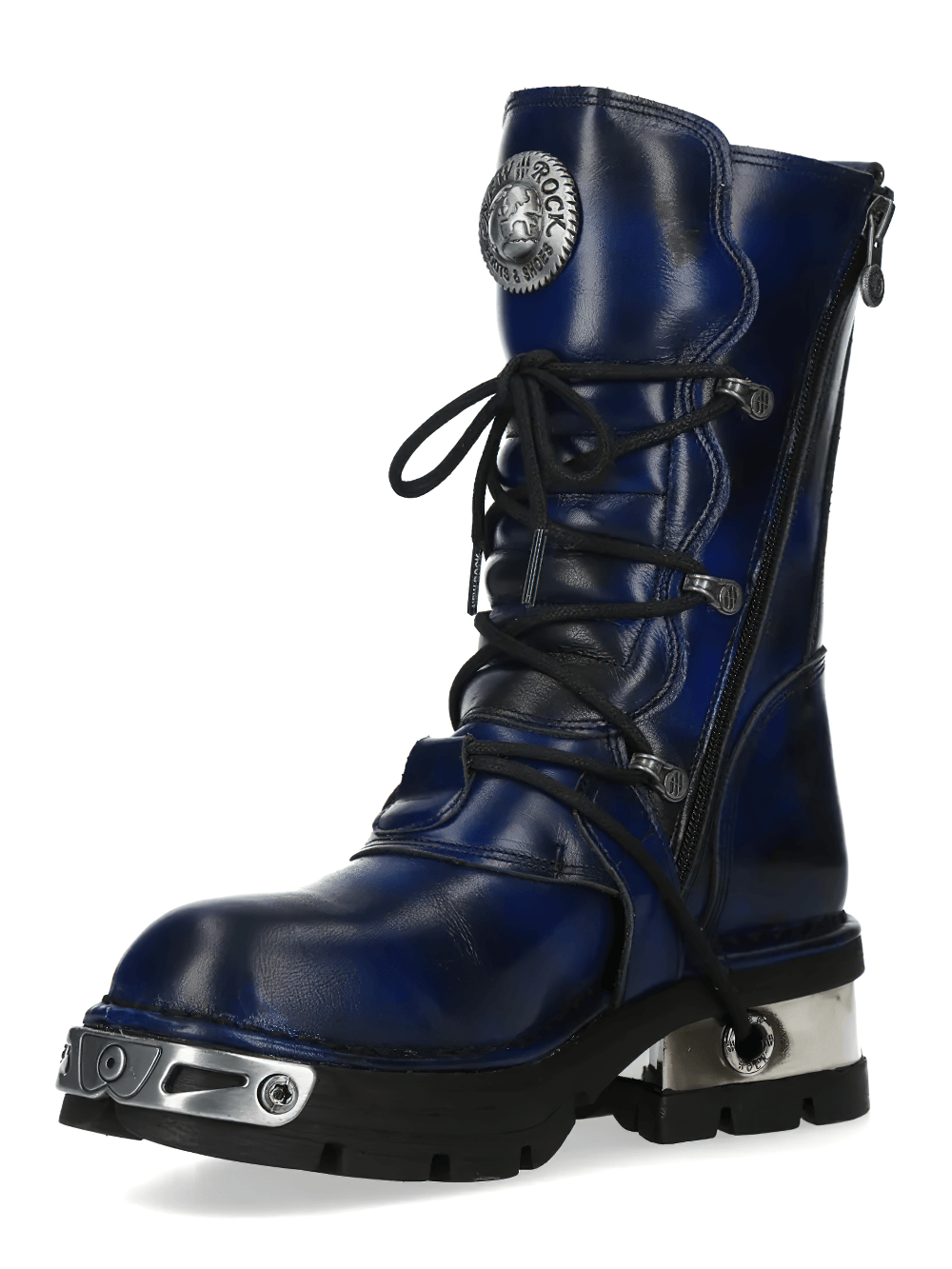 NEW ROCK Men's Biker Boots with Buckles and Chunky Lug Sole in deep navy with lace up front and side zip.