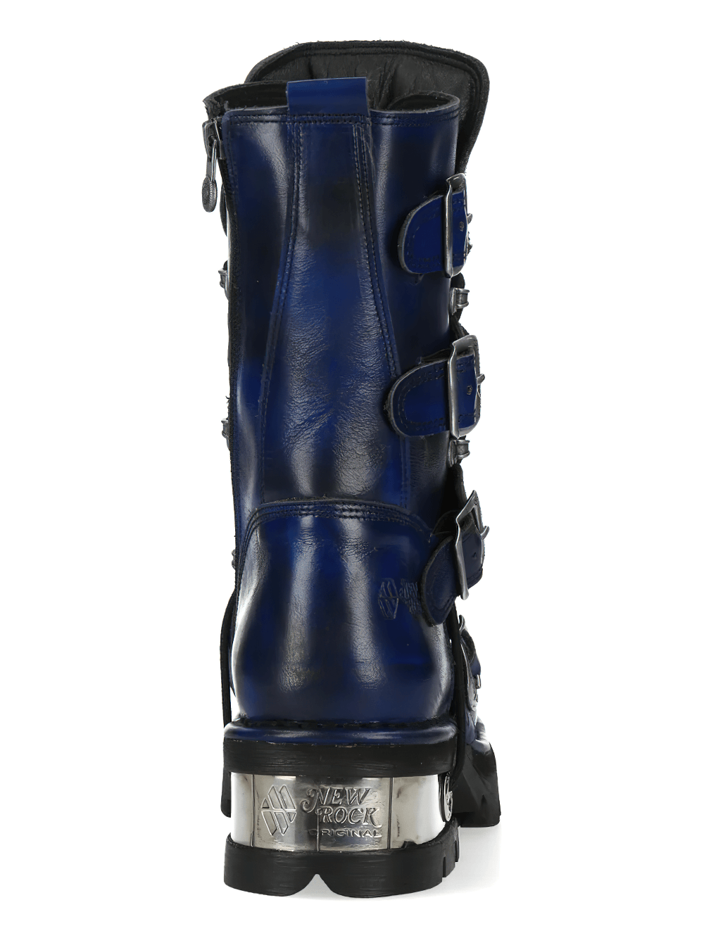 NEW ROCK Men's Biker Boots with Buckles and Chunky Lug Sole in deep navy with side zippers and metallic details.