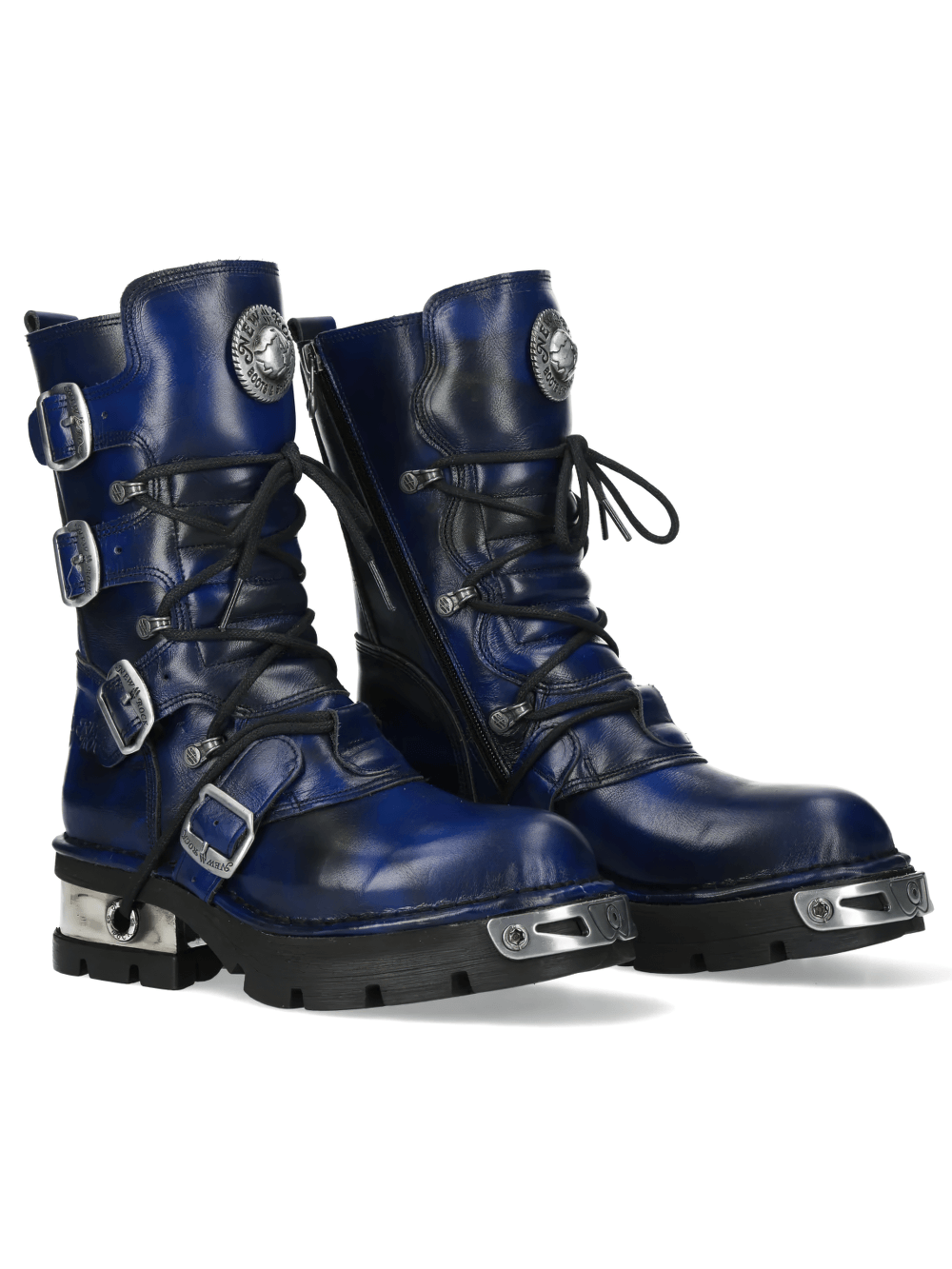 NEW ROCK Men's Biker Boots with Buckles and Chunky Lug Sole in deep navy with silver-tone details and side zip.