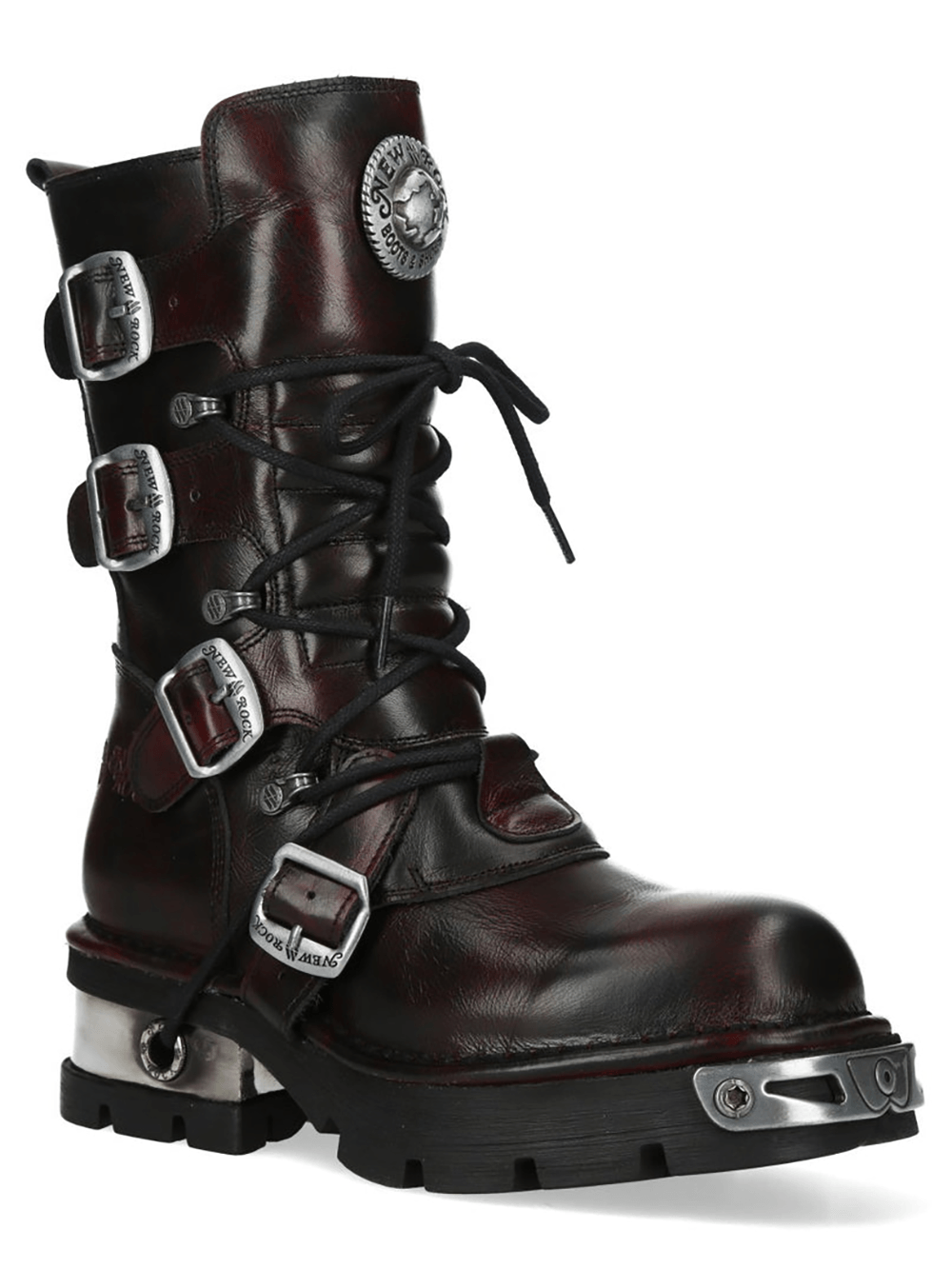 NEW ROCK Men's Biker Boots With Buckles and Metal Trim featuring a dark burgundy-black design and metallic accents.