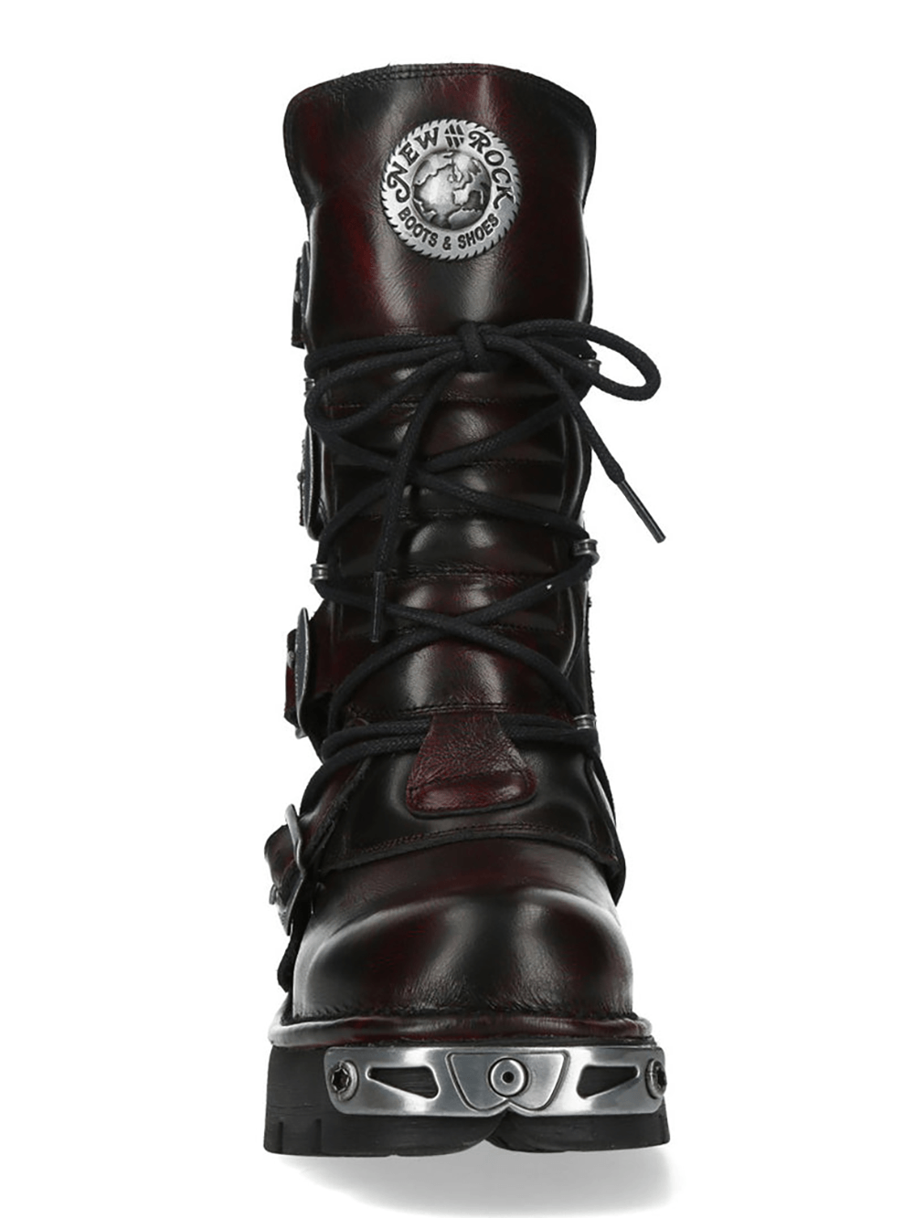 NEW ROCK Men's Biker Boots With Buckles and Metal Trim, featuring lace-up design and metallic accents.