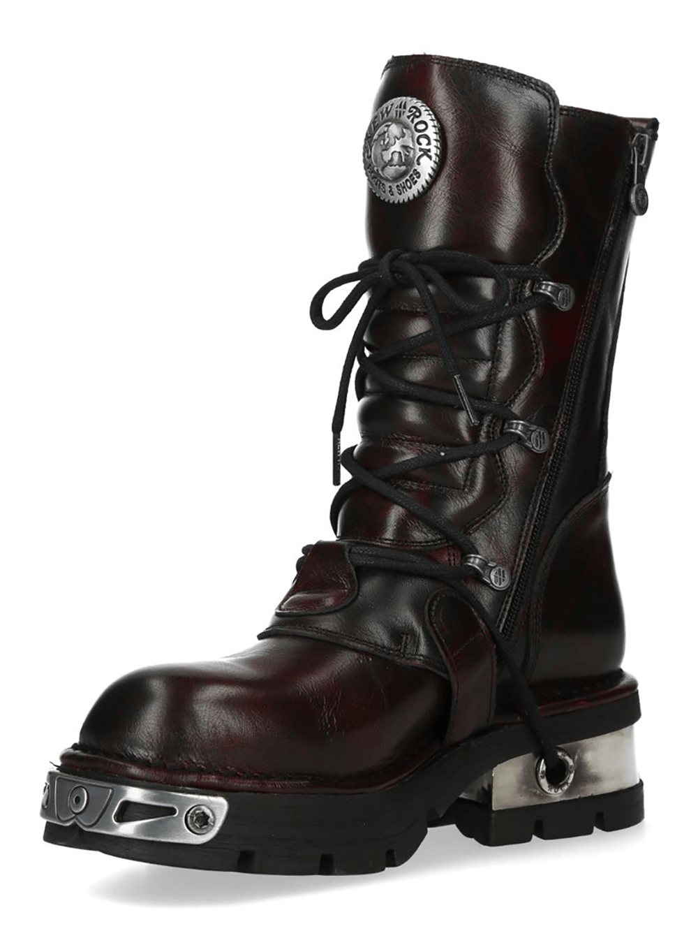 NEW ROCK Men's Biker Boots With Buckles and Metal Trim featuring a dark burgundy-black design with metallic details.