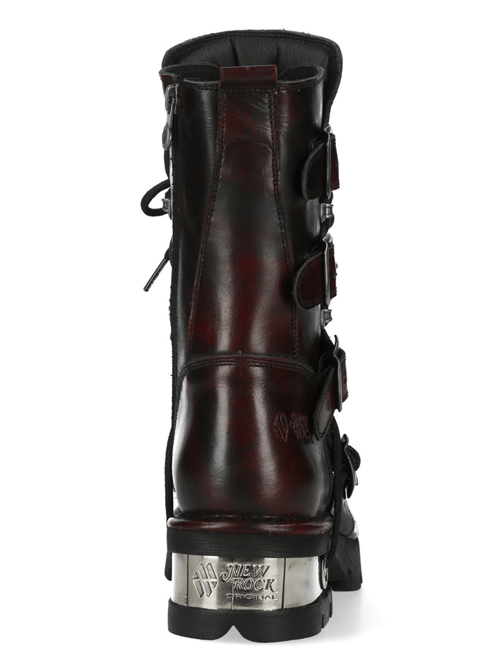 NEW ROCK Men's Biker Boots With Buckles and Metal Trim showing the back view with metallic hardware and buckle straps.