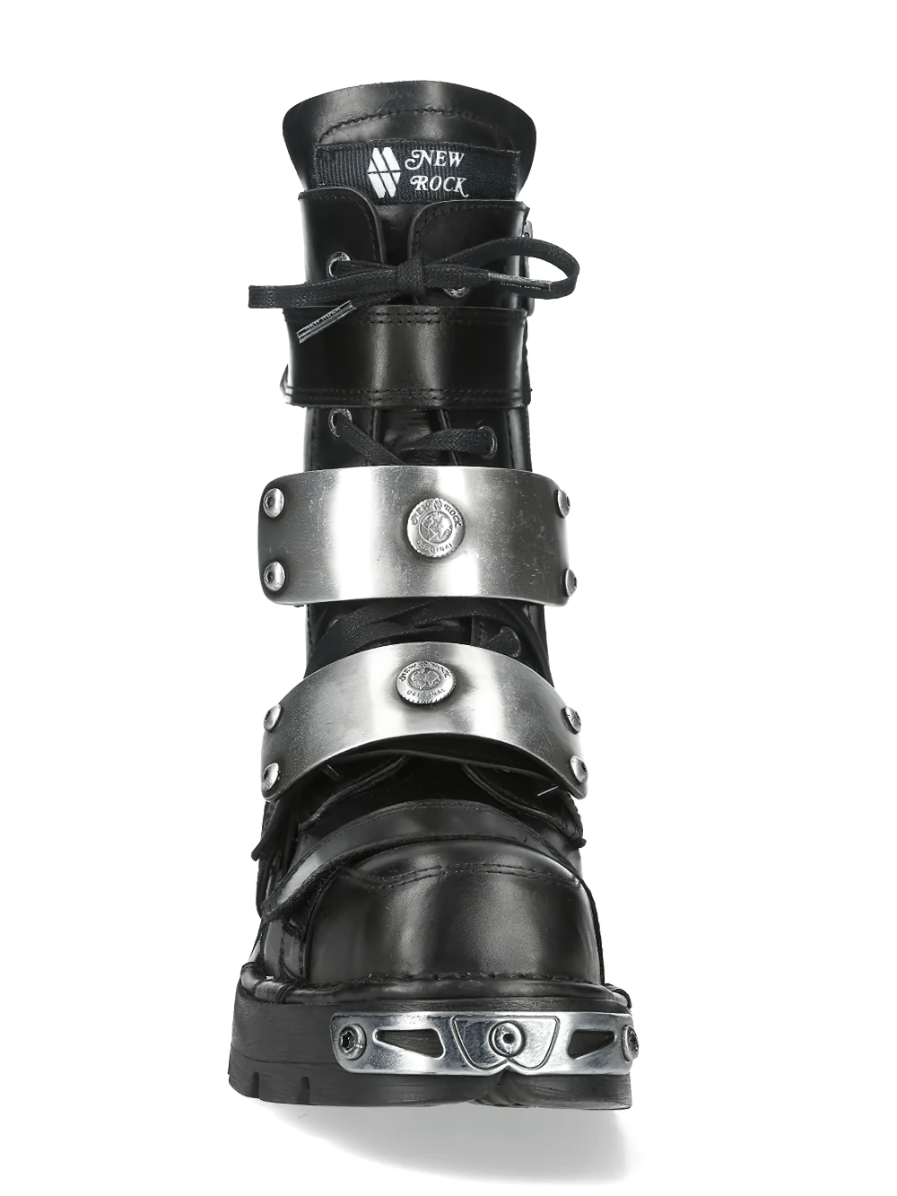 NEW ROCK Men's Biker Boots with Metal Straps and Side Zips featuring silver plates and rugged design.