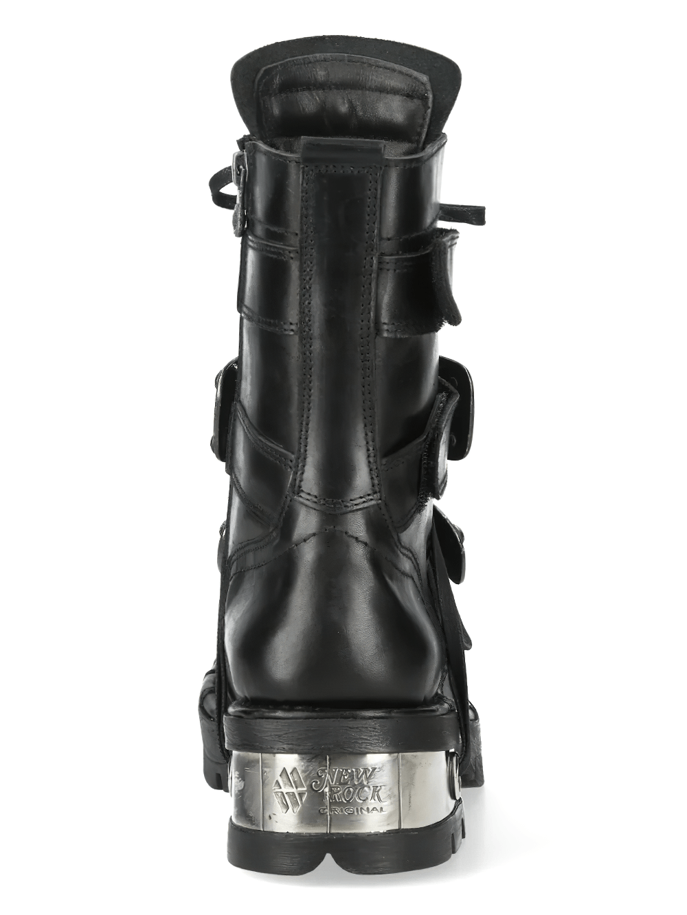 NEW ROCK Men's Biker Boots with Metal Straps and Side Zips showcasing black leather and rugged lug sole.