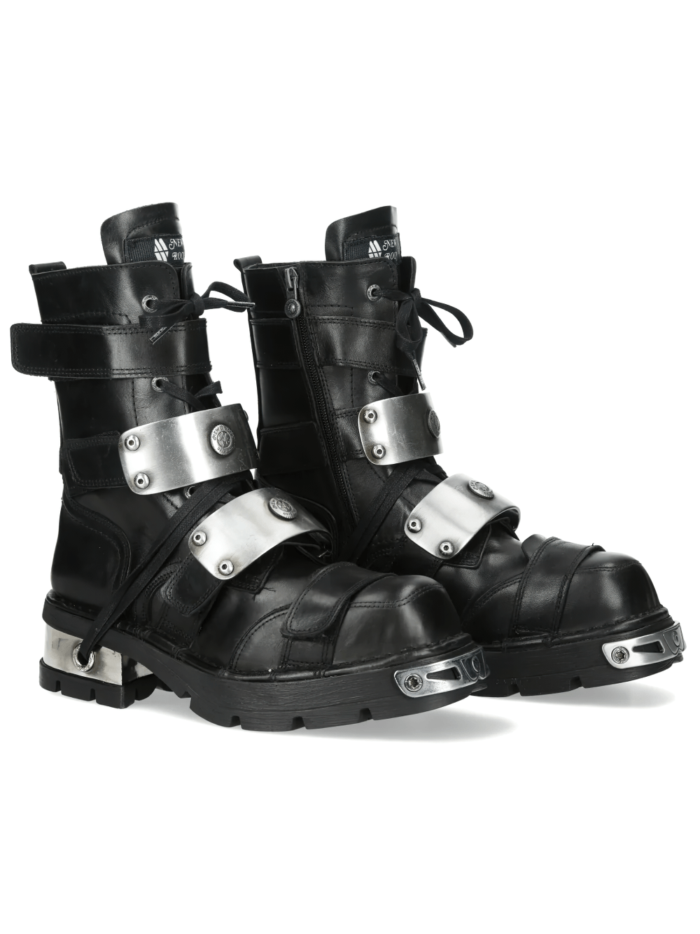 NEW ROCK Men's Biker Boots with Metal Straps and Side Zips featuring black leather, silver plates, and rugged sole.