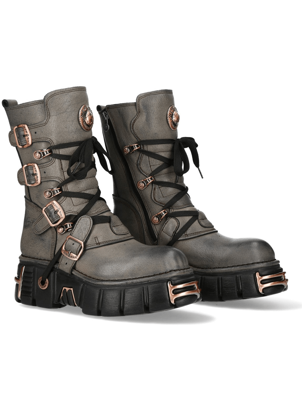 NEW ROCK Men's Biker Punk Boots With Copper Trim in gray, featuring lace-up cords and bold platform sole.