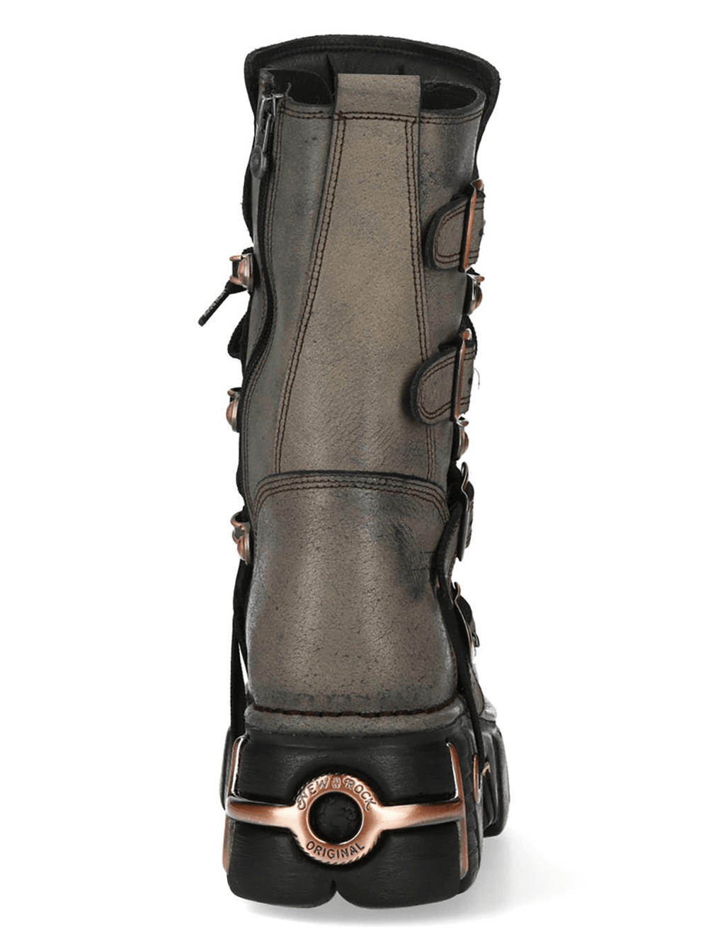 NEW ROCK Men's Biker Punk Boots With Copper Trim back view showcasing rugged design and stylish buckles.