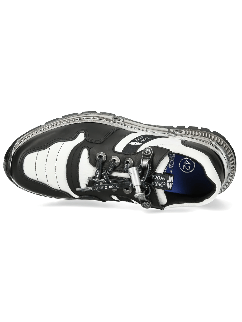 NEW ROCK Men's Black and White Punk Chunky Tread Trainers top view showcasing industrial design and graphic laces.